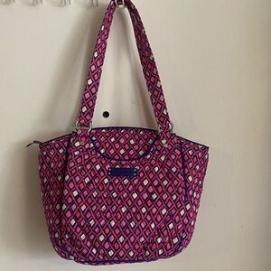 Vera Bradley Pink Geometric Quilted Tote with Navy Trim